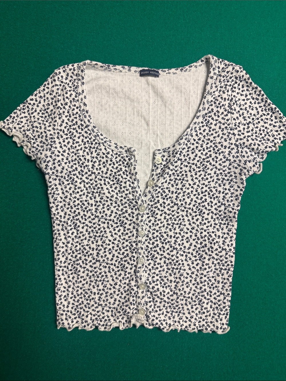 Brandy Melville White Button-Front Floral Crop Top